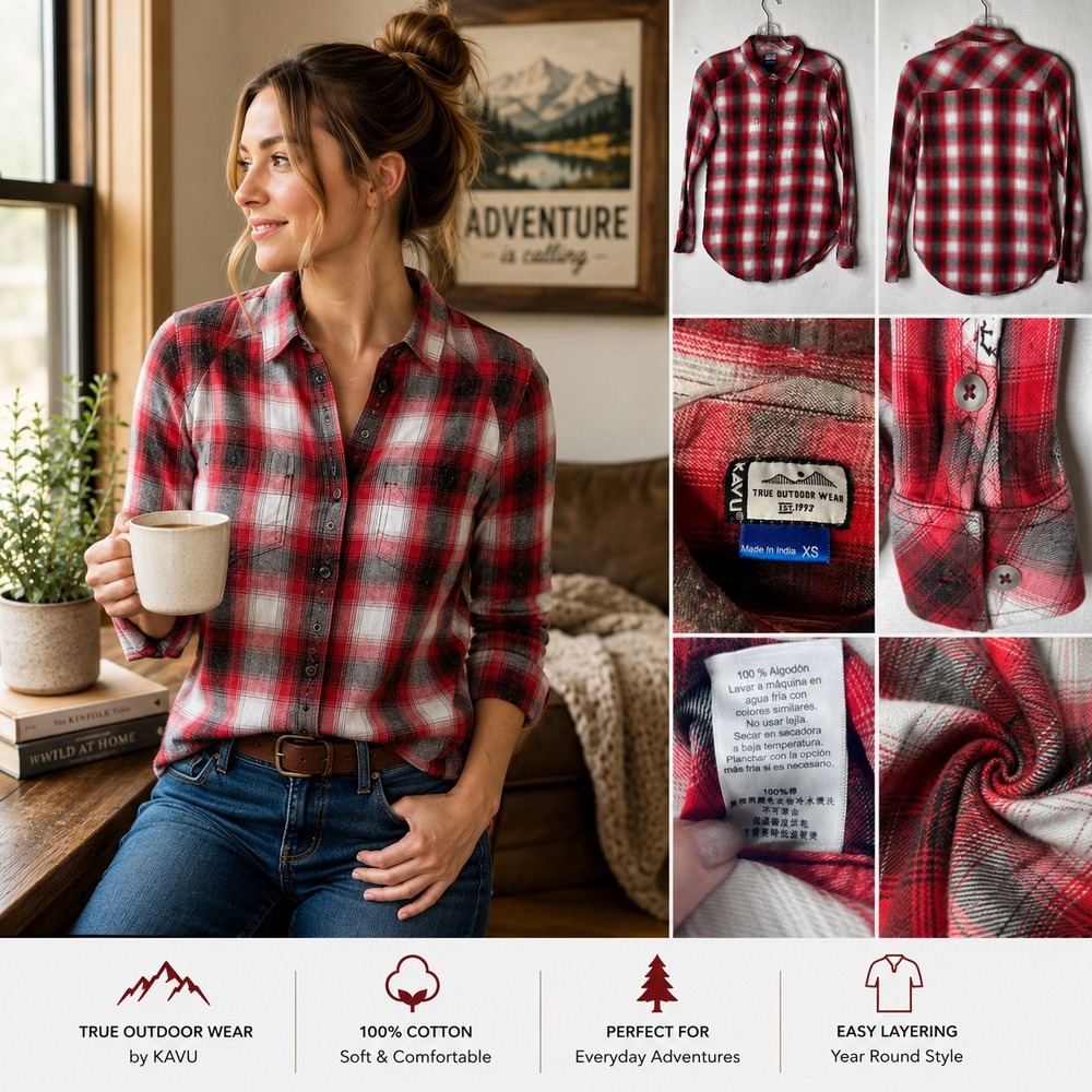 KAVU Plaid Flannel Shirt XS Cotton Button Up‎ CabinCore Outdoor Hiking Adventure